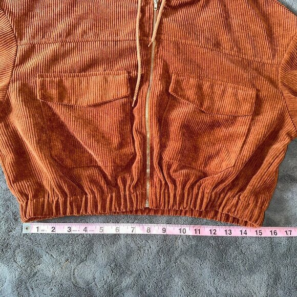 Zaful Brown Ribbed Cropped Hoodie Women's Large Corduroy Jacket - Picture 6 of 16